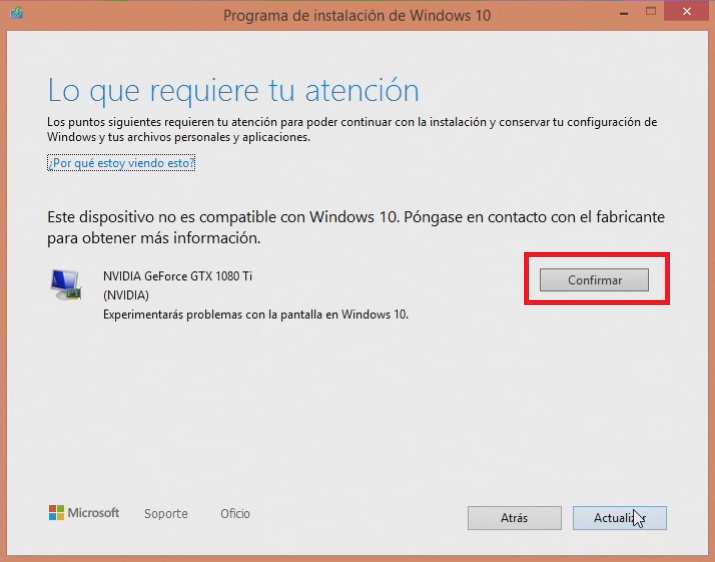 Advertencia al actualizar a Windows 10