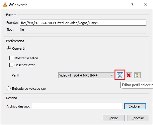 editar perfil vlc reducir peso de video
