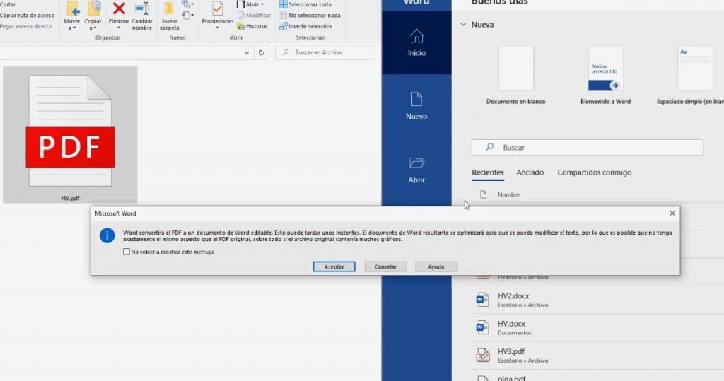 word convertirá el PDF a un documento de word editable. Esto puede tardar unos instantes