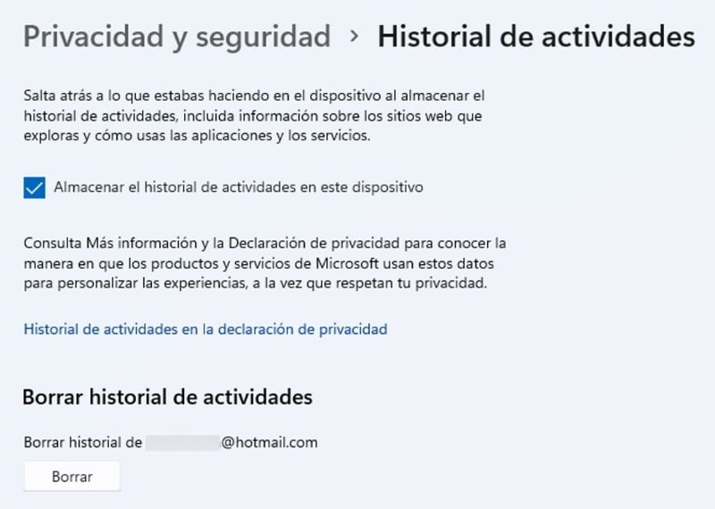 Desactivar historial de actividades en Windows 11