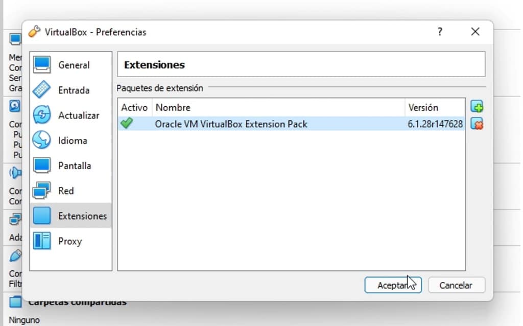 instalar VirtualBox y Extensions Pack