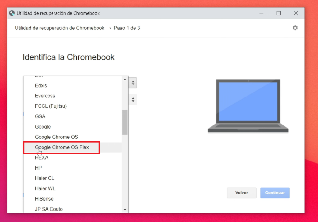 Seleccionar el fabricante de Google Chrome OS Flex
