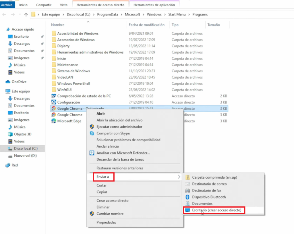 Seleccionamos enviar y escogemos escritorio (crear acceso directo)