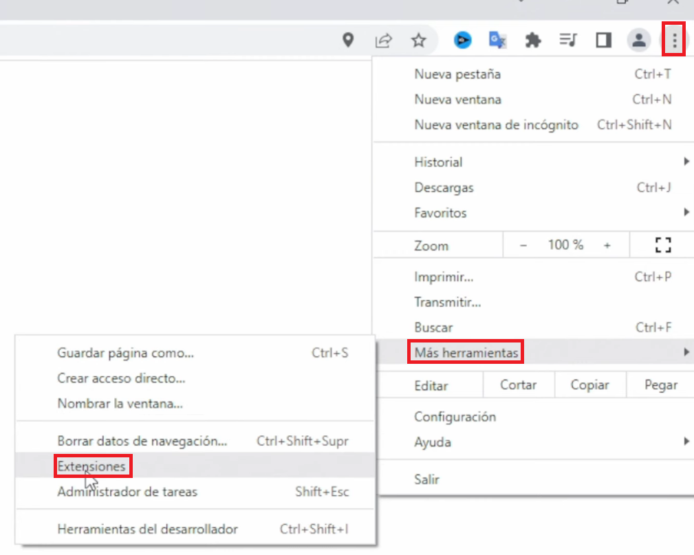 Damos click en los tres puntos luego nos vamos a mas herramientas y abrimos extensiones 
