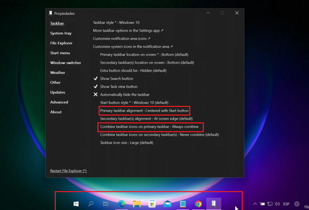 Aplicamos los cambios para personalizar la barra como Windows 11 