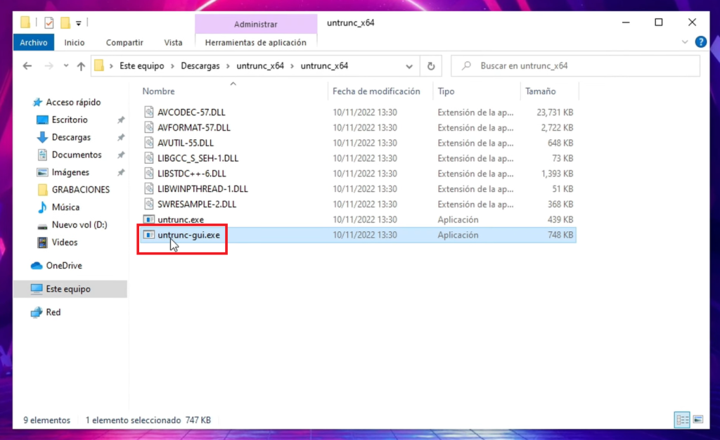 Seleccionamos el archivo untrunc-gui.exe 