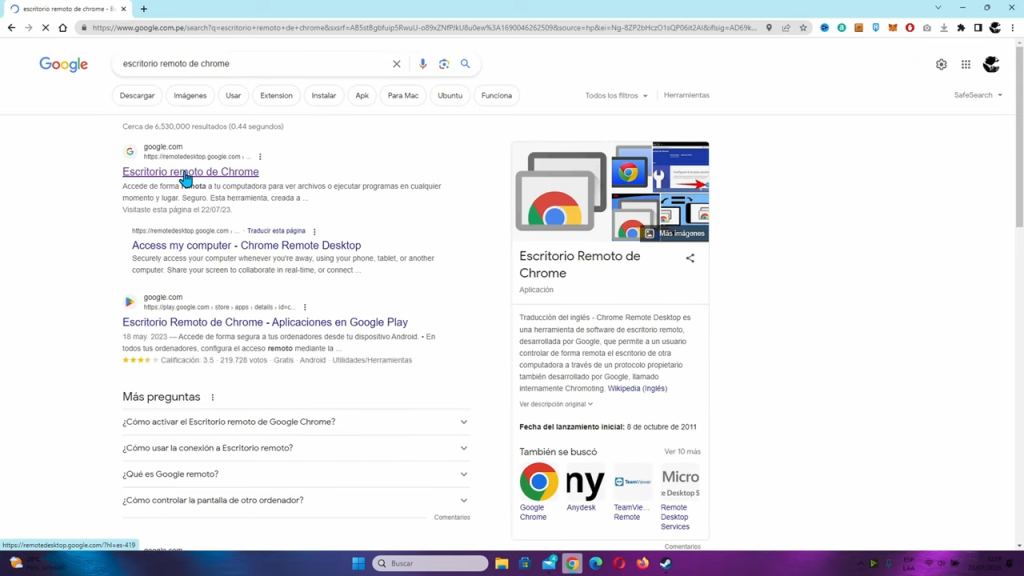 Para comenzar, realiza una búsqueda en Google con las palabras clave "escritorio remoto de Chrome