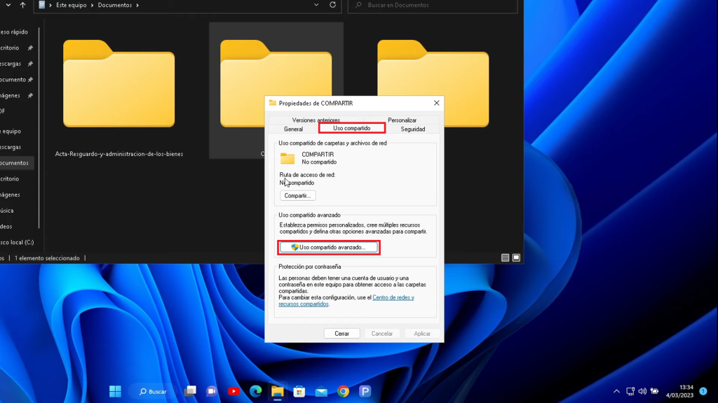 'Uso compartido' y selecciona 'Uso compartido avanzado'.