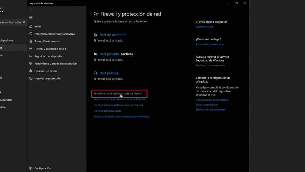 “Permitir una aplicación a través de Firewall” 