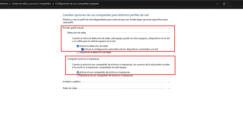 “Activar la detección de redes” y "Activar el uso compartido de archivos e impresoras" 