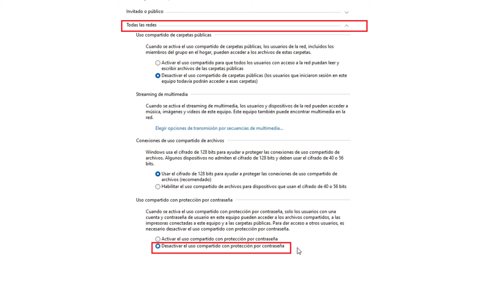 “Desactivar el uso con protección por contraseña”. Y daremos clic en “Guardar los cambios”