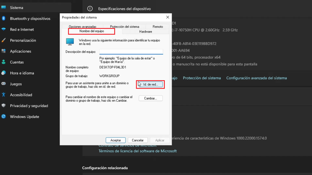 “Nombre del equipo” y luego daremos clic en “ID de red”
