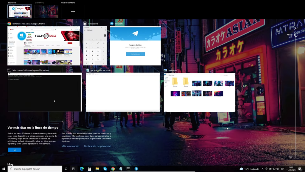 Windows + Tab mostrará las aplicaciones en un formato de ventana.