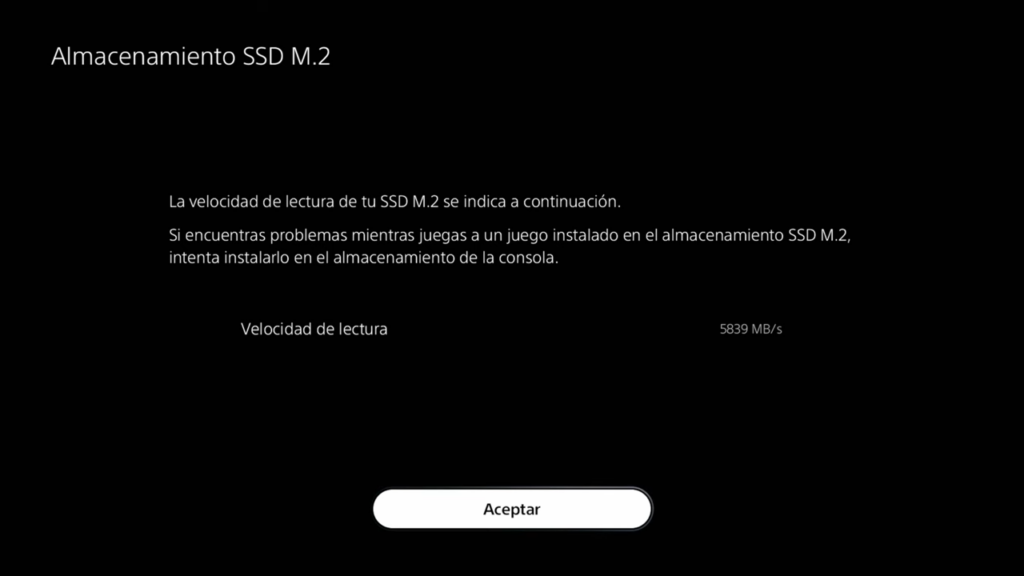 consola te mostrará la velocidad de lectura del SSD