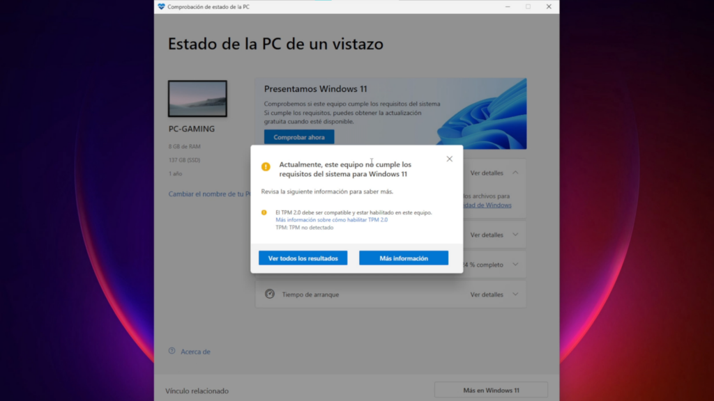 herramienta de comprobación de estado de PC de Microsoft