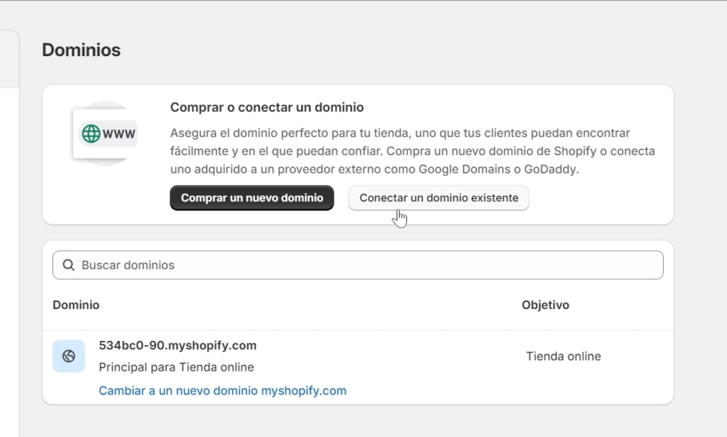 Acceder a la Configuración de Dominios en Shopify