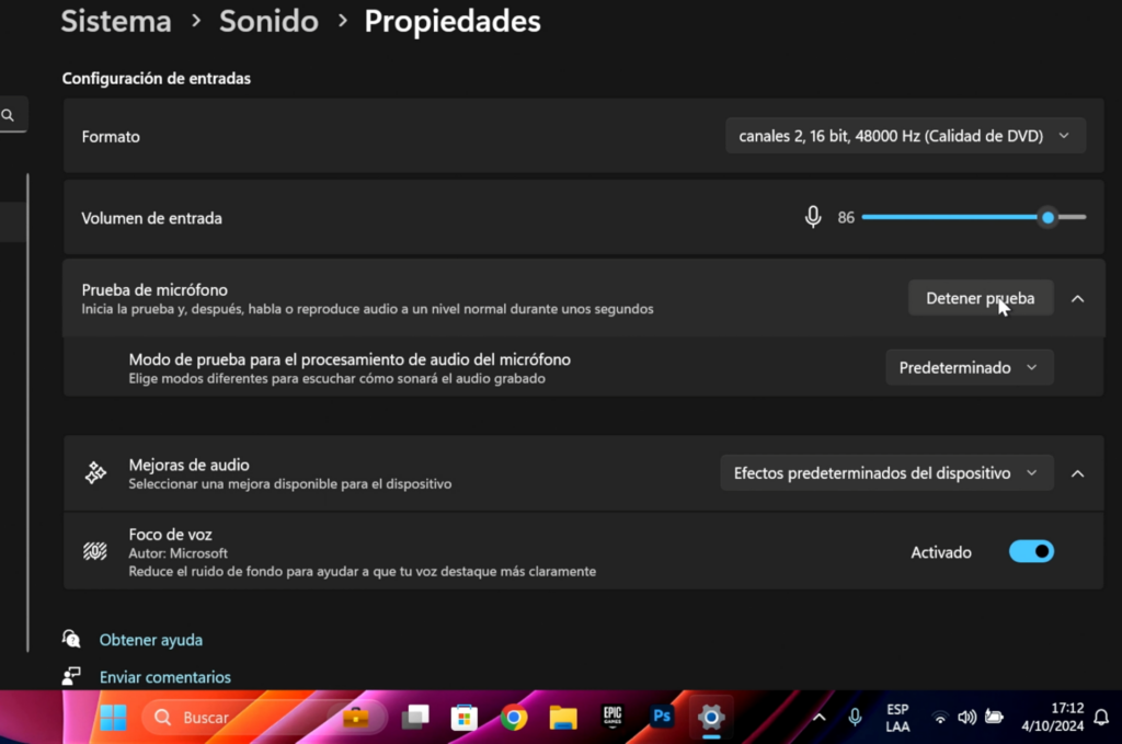 Foco de Voz Windows 11 24h2