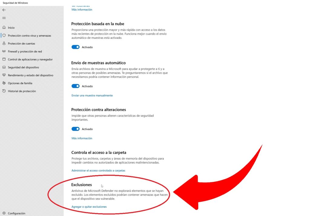 Agregar Exclusiones en Windows Defender