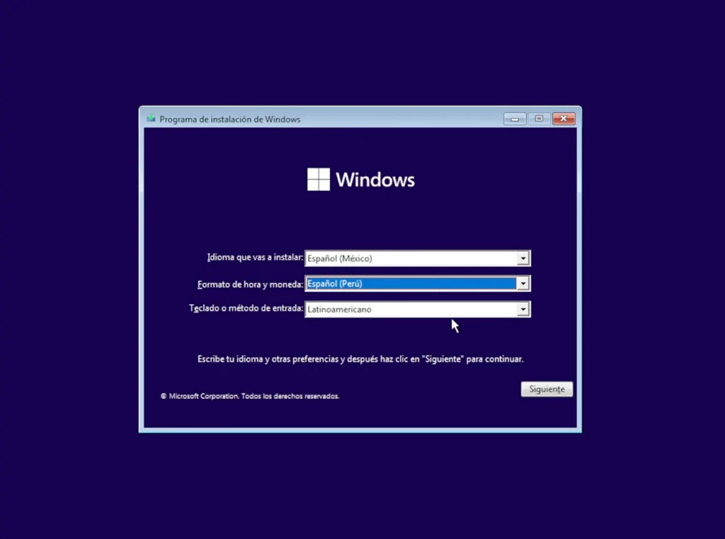 Configurar el idioma, la hora y la moneda para instalar Windows 11