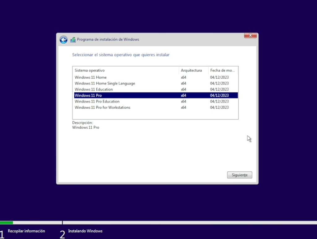 Seleccionar la versión de Windows 11