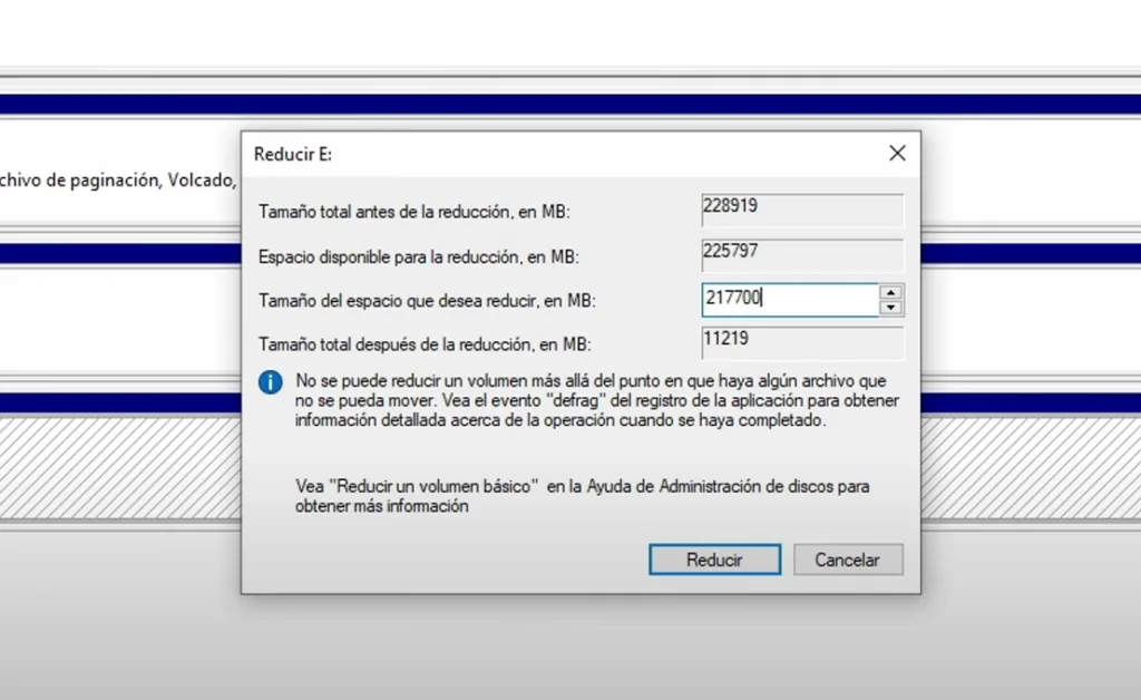 Reducir volumen y dejar 10 GB para instalar Windows desde disco