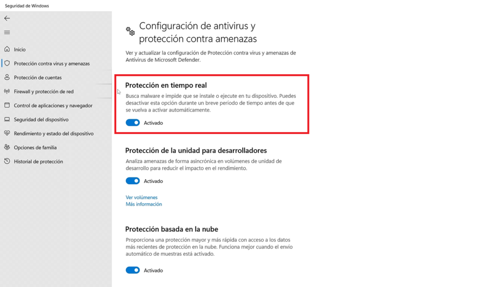 Desactivar la Protección en Tiempo Real