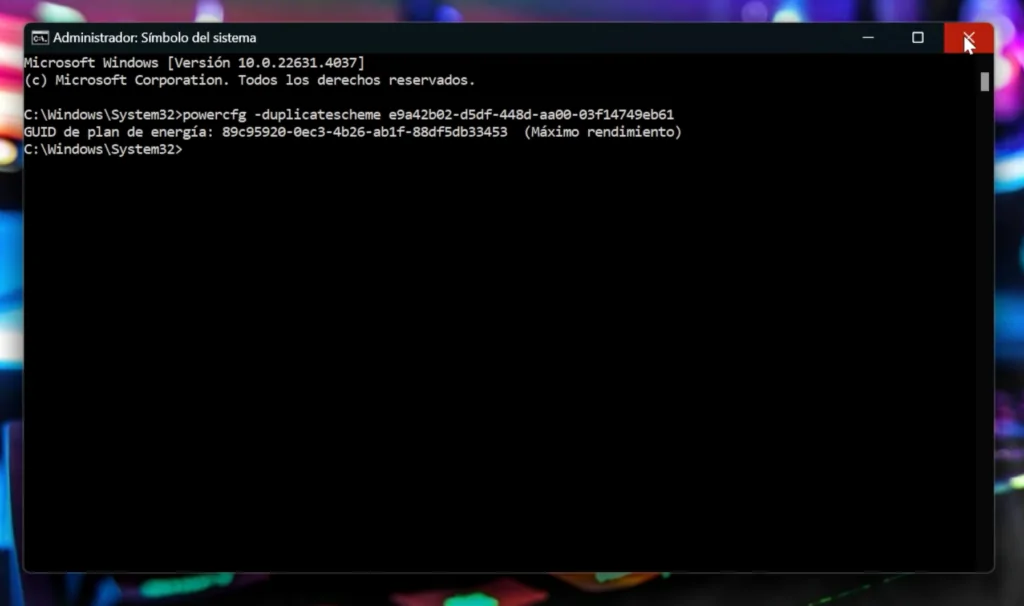 shellCopiar códigopowercfg -duplicatescheme e9a42b02-d5df-448d-aa00-03f14749eb61