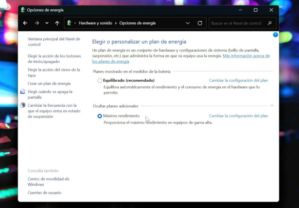 Seleccionar el Plan de Energía de Máximo Rendimiento