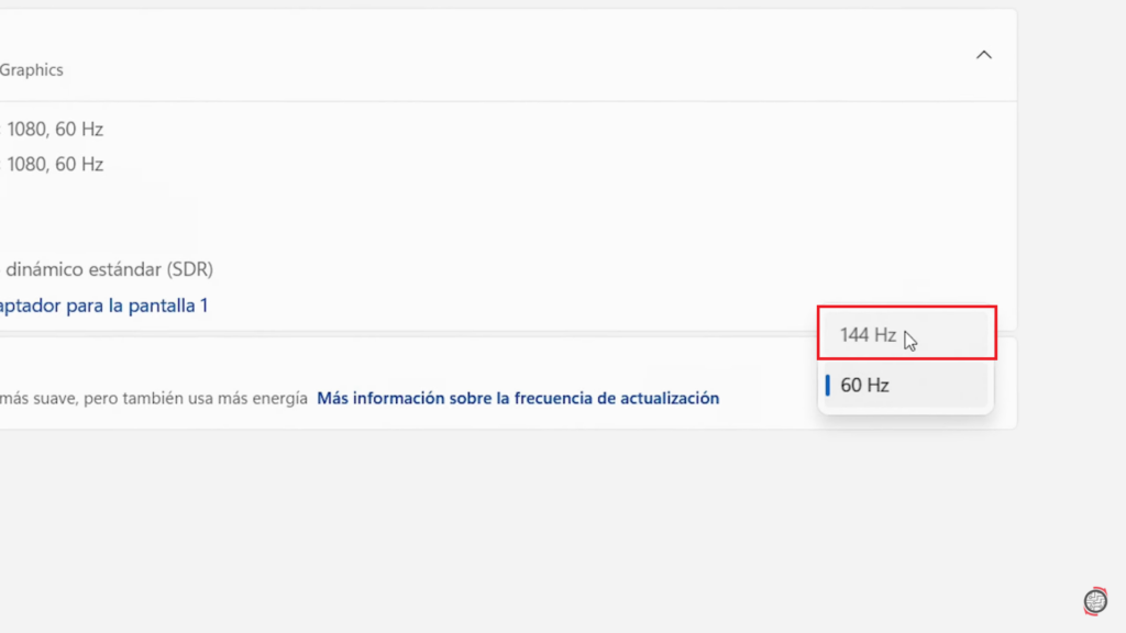 Selecciona la frecuencia de actualización máxima que soporta tu monitor - 144hz Windows