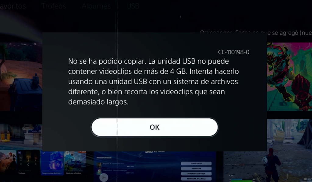 No se ha podido copiar a la unidad USB. No puede tener videoclips de más de 4 GB de capacidad