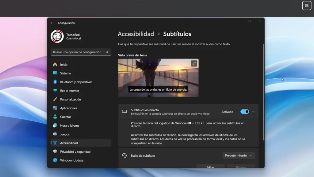 Subtítulos en Vivo Windows 11