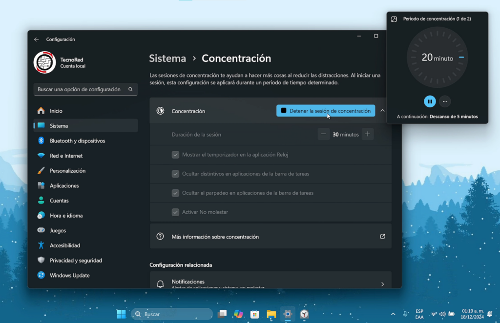 Modo de Concentración en Windows 11