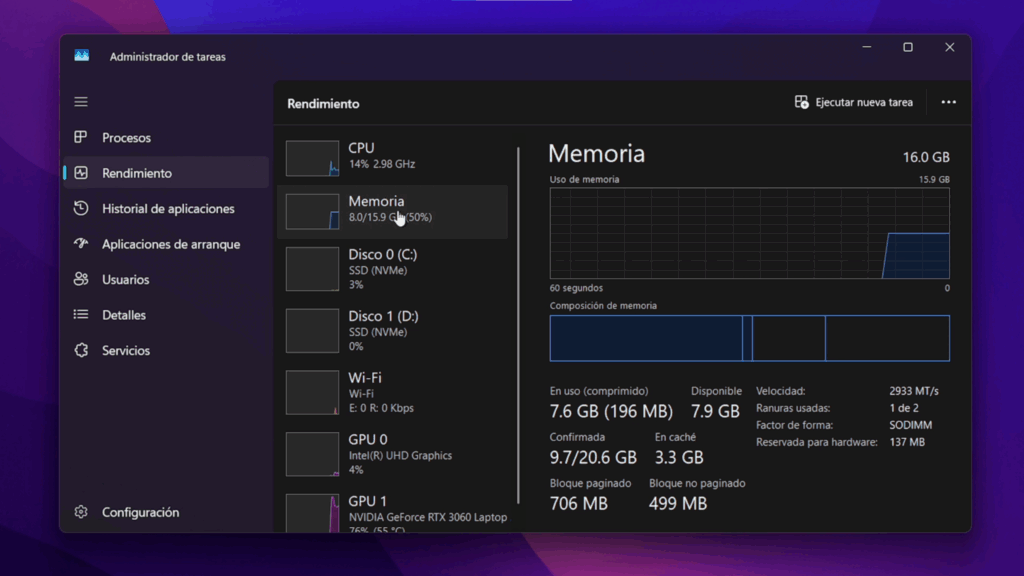 Verifica la RAM instalada y sus características básicas