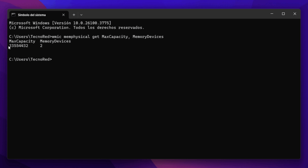 wmic memphysical get MaxCapacity, MemoryDevices