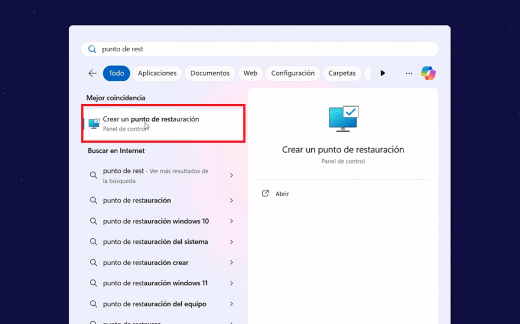 crea un punto de restauración