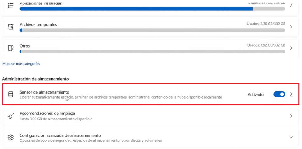 Activa el sensor de almacenamiento