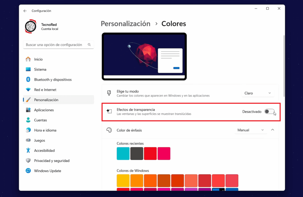 Desactiva la transparencia de las ventanas