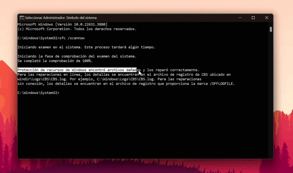 Repara archivos del sistema ejecutando "sfc /scannow"