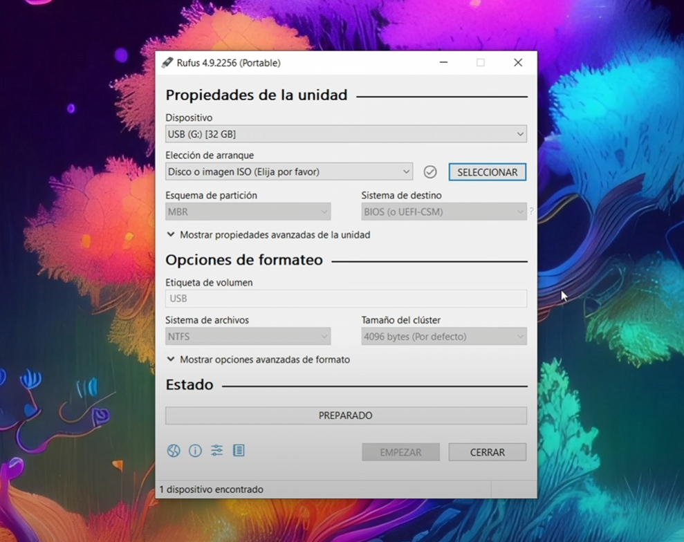 Configurar Rufus con el archivo ISO