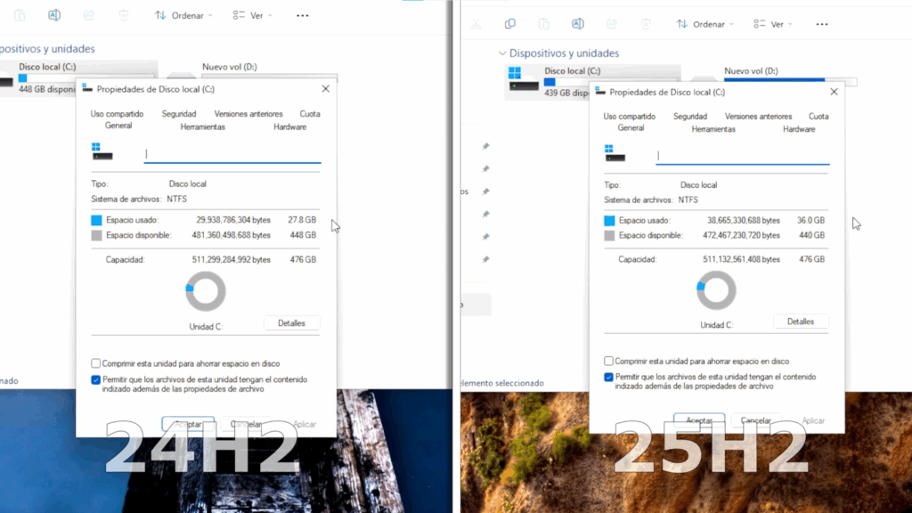 Windows 11 24H2 vs Windows 11 25H2 Tamaño del Sistema Instalado