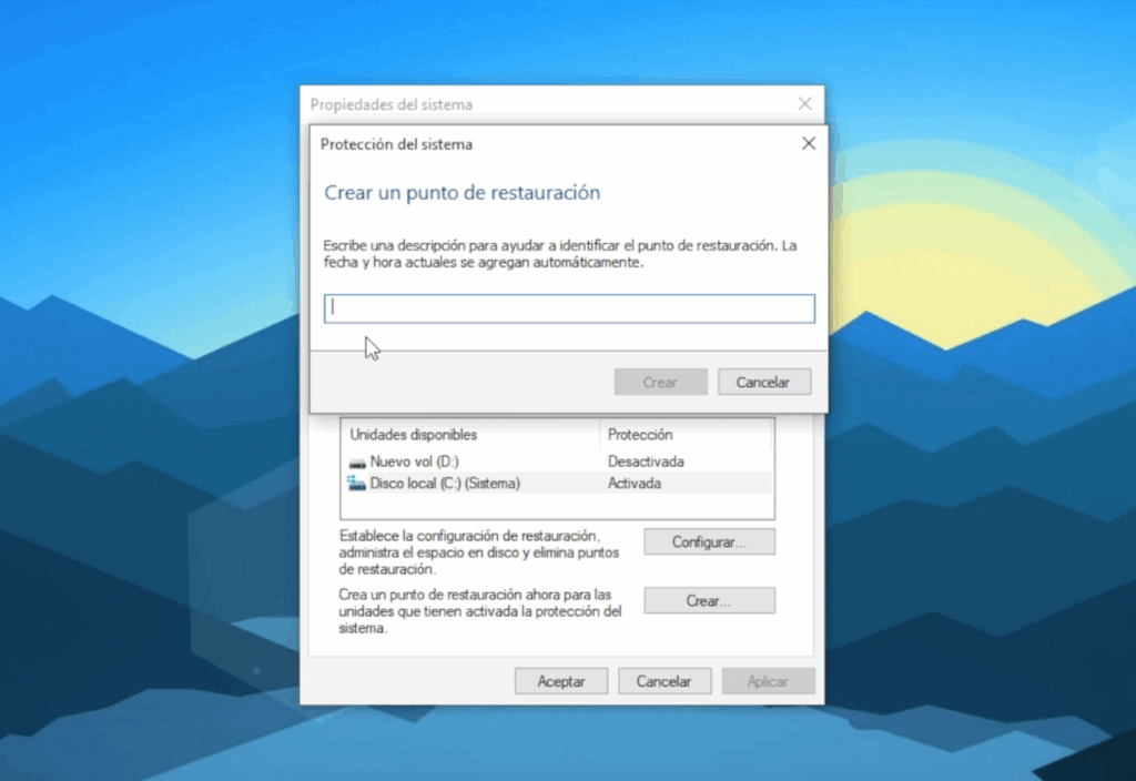 Crea un punto de restauración del sistema