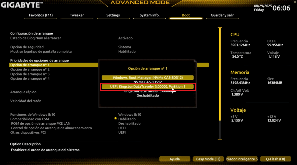 Configurar BIOS y arrancar desde el USB