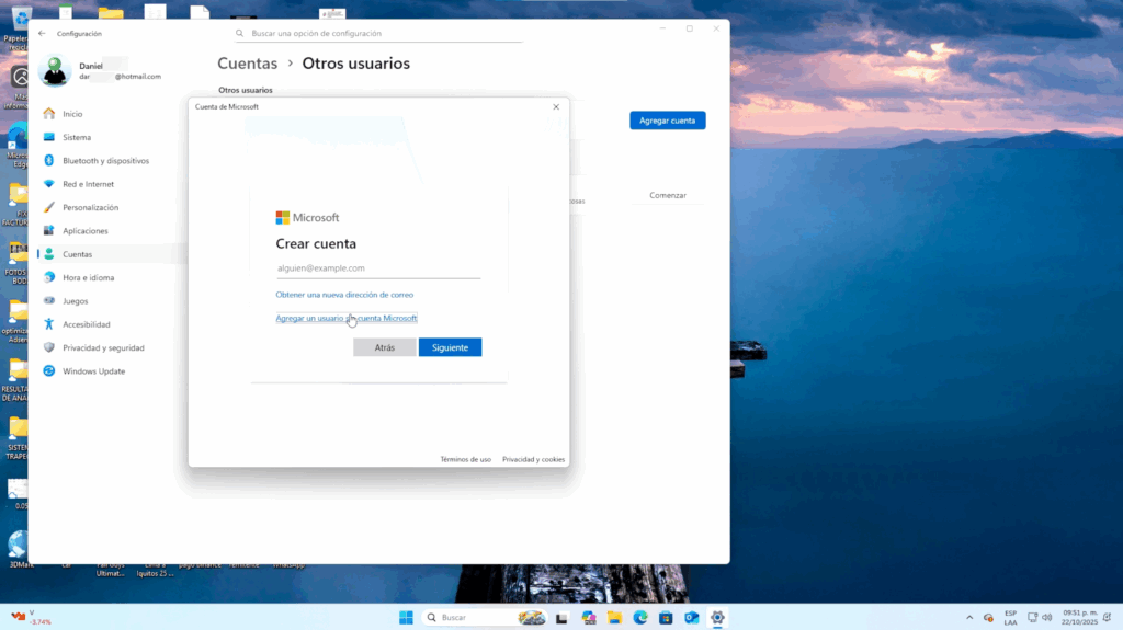 Agregar un usuario sin cuenta Microsoft
