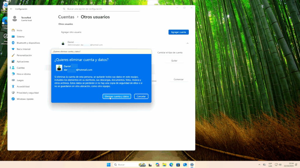 Finalmente, puedes eliminar la cuenta Microsoft desde el mismo panel de configuración si ya no la necesitas.