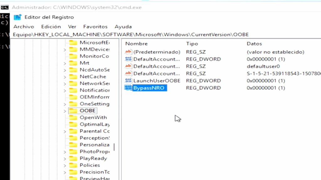 Método 2: Activar BypassNRO desde el Registro de Windows (sin conexión a Internet)