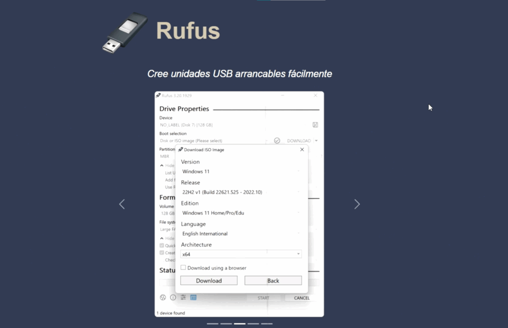Método 3: Usar Rufus para crear un USB personalizado