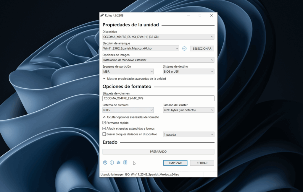 Método 3: Usar Rufus para crear un USB personalizado
