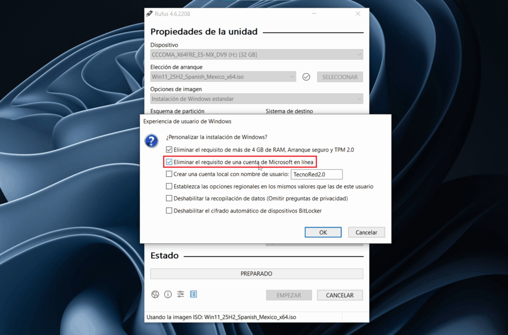 Método 3: Usar Rufus para crear un USB personalizado