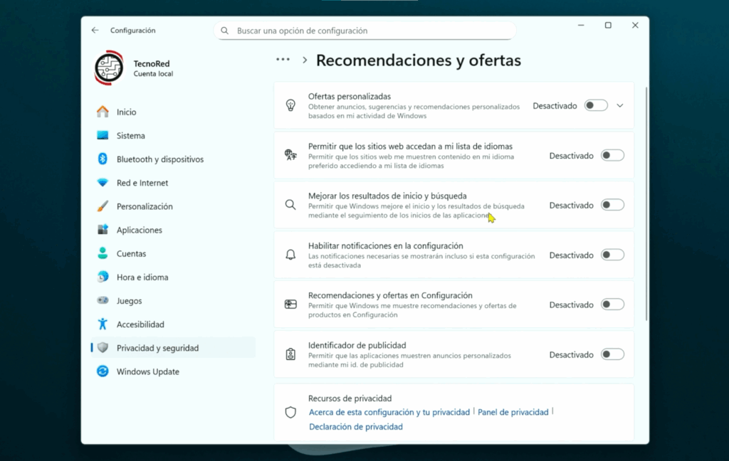 Limita la Telemetría y Datos Diagnósticos