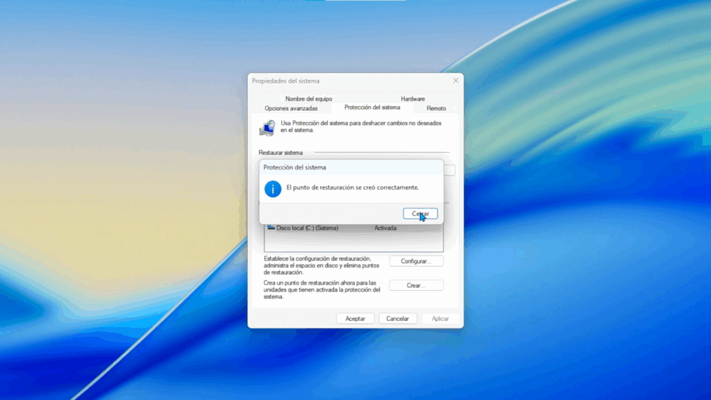 Crea un punto de restauración